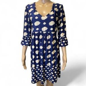 Reborn Blue and Cream 3/4 Sleeves V-neckline Dress size M